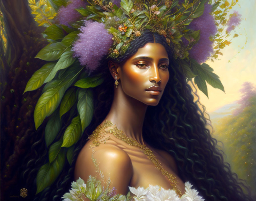 Woman with Floral Headdress and Golden Accents in Forest Setting