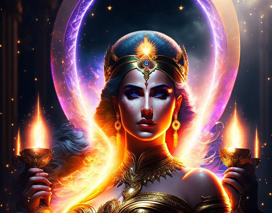 Elaborate golden headgear on mystical female figure against cosmic backdrop