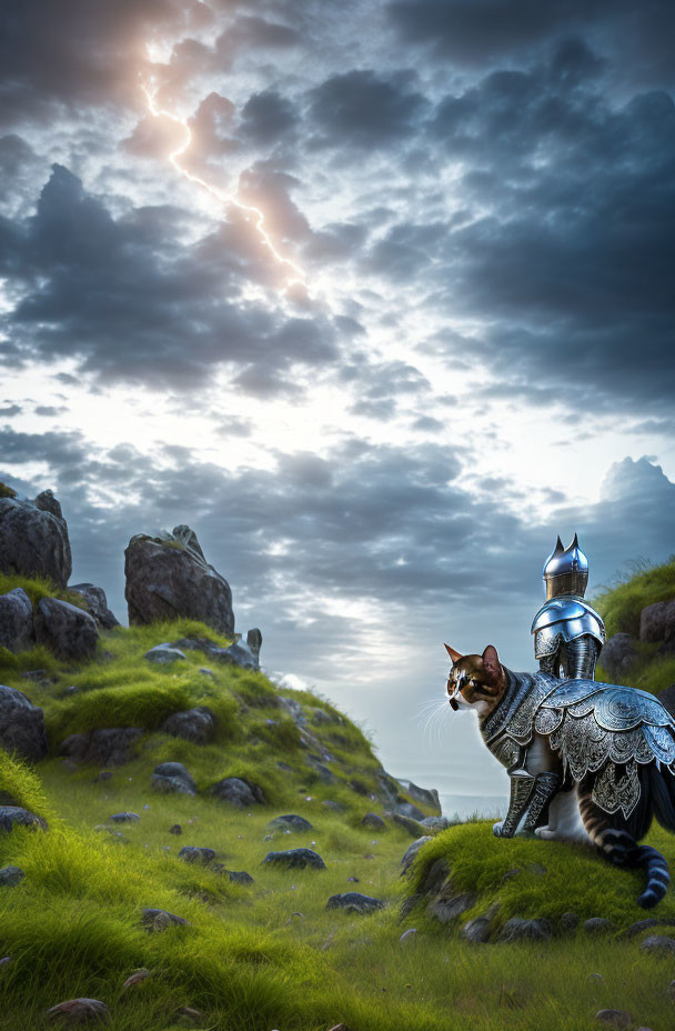 Cat in Knight Armor on Grassy Hill under Dramatic Sky