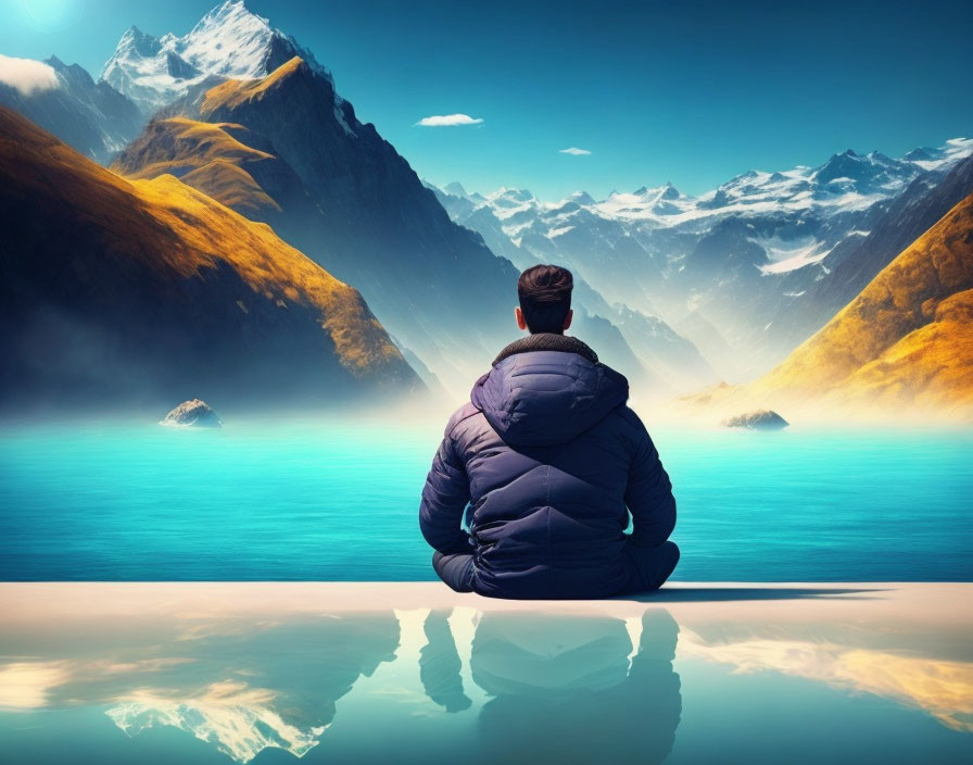 Person in jacket admiring serene mountain landscape with blue lake.