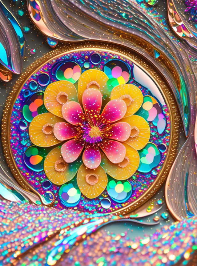 Colorful fractal flower in shimmering digital art