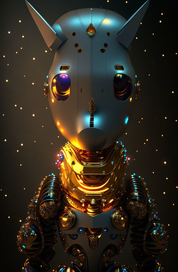 Intricate robotic canine figure with gold and silver details on starry backdrop