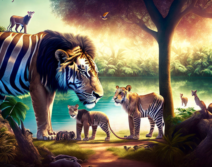 Stylized illustration of tigers by serene riverside