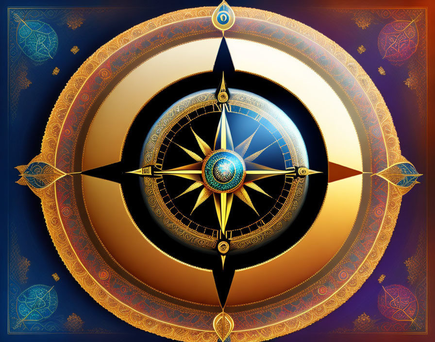 Intricate Gold, Blue, and Brown Compass Rose on Dark Background