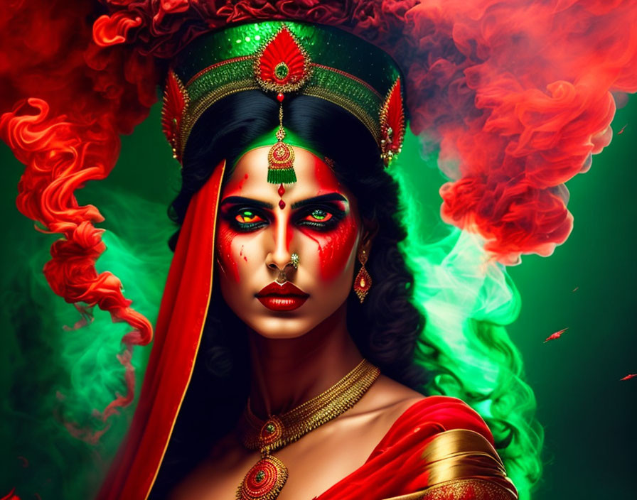 Intense gaze woman in traditional Indian attire with red smoke.