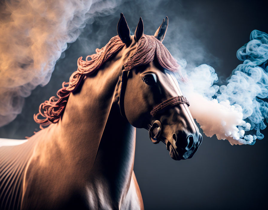 Majestic horse with flowing mane in blue and white smoke