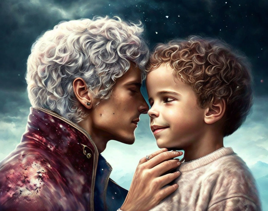 Digital artwork: Silver-haired person & child in cosmic scene