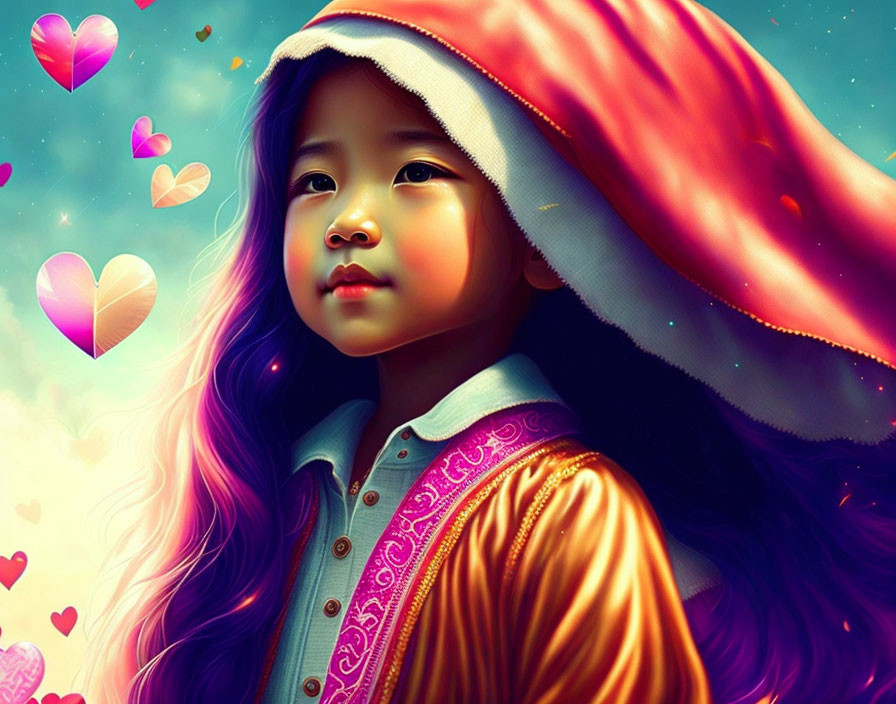 Young girl with white hood and purple hair against colorful backdrop.