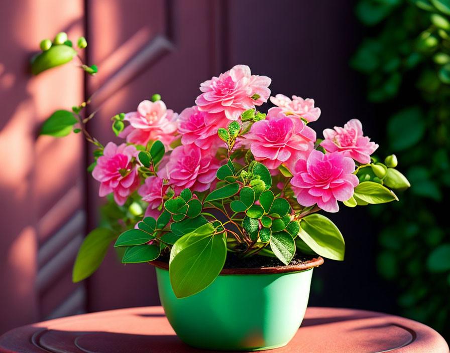 Vibrant pink blossoms on potted plant with lush green leaves