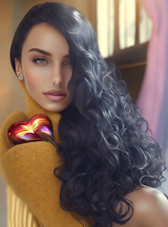 Woman with long curly hair holding heart-shaped object in mustard turtleneck