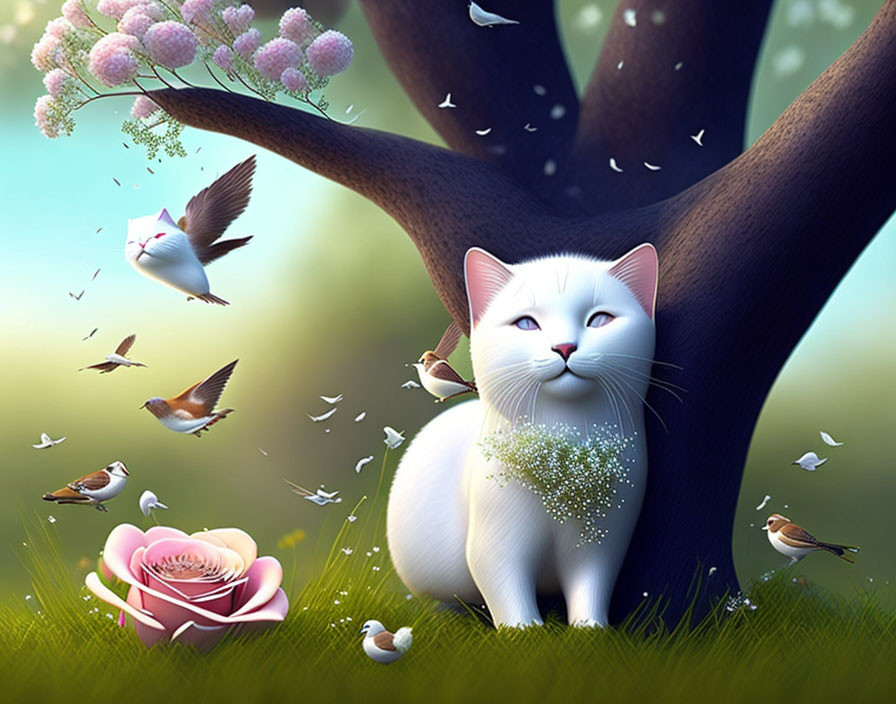 White cat with blue eyes under tree surrounded by birds and petals.