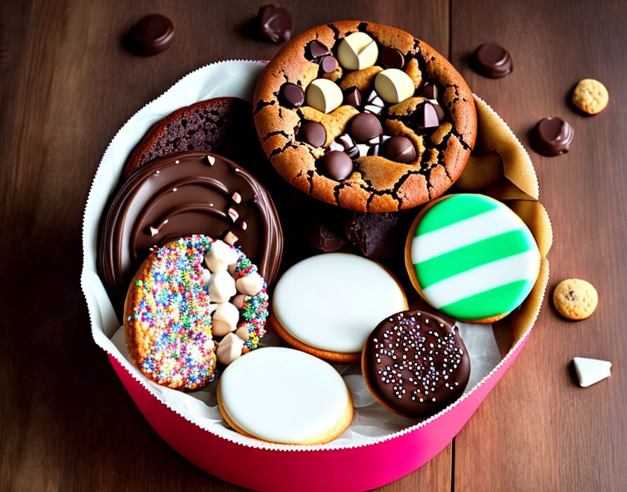 Assorted Colorful Cookies and Chocolate Brownie in Heart-Shaped Box