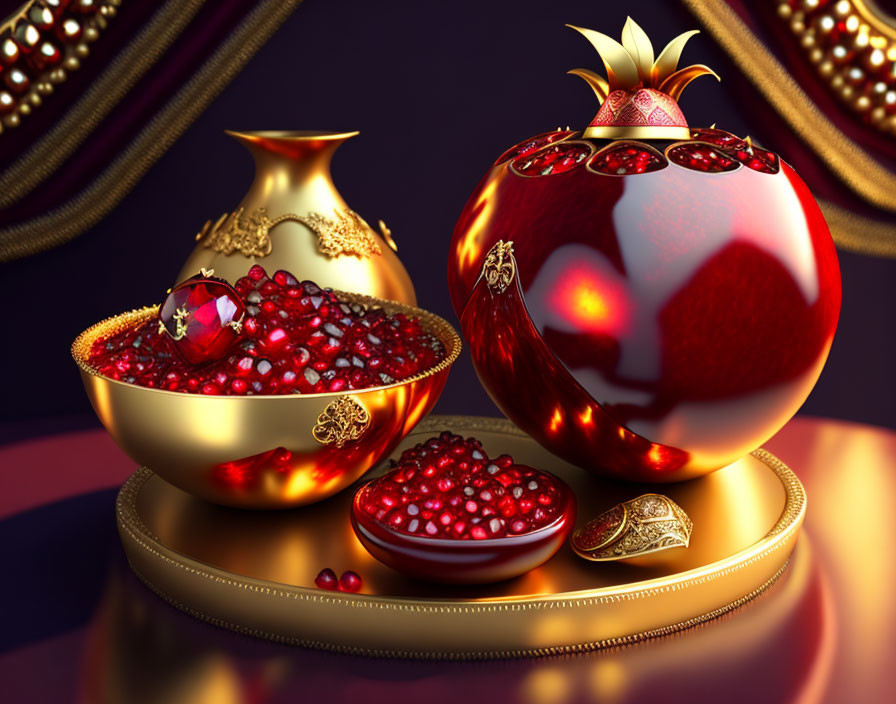 Luxurious golden vase, red spherical container with pineapple top, jewel-like red seeds in bowls on purple