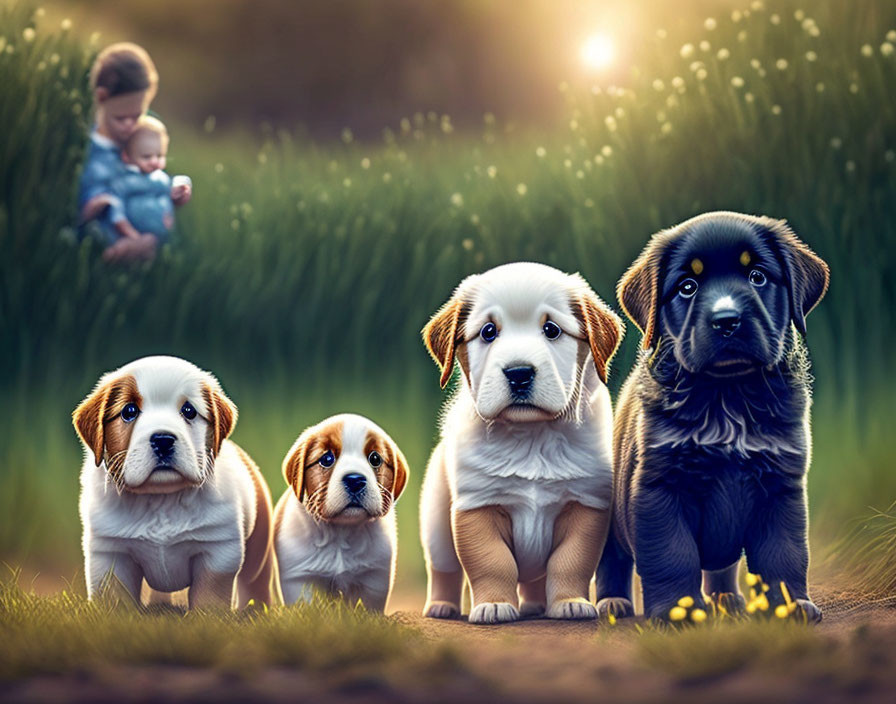 Three Cute Puppies in Field with Blurred Background Person Holding Baby