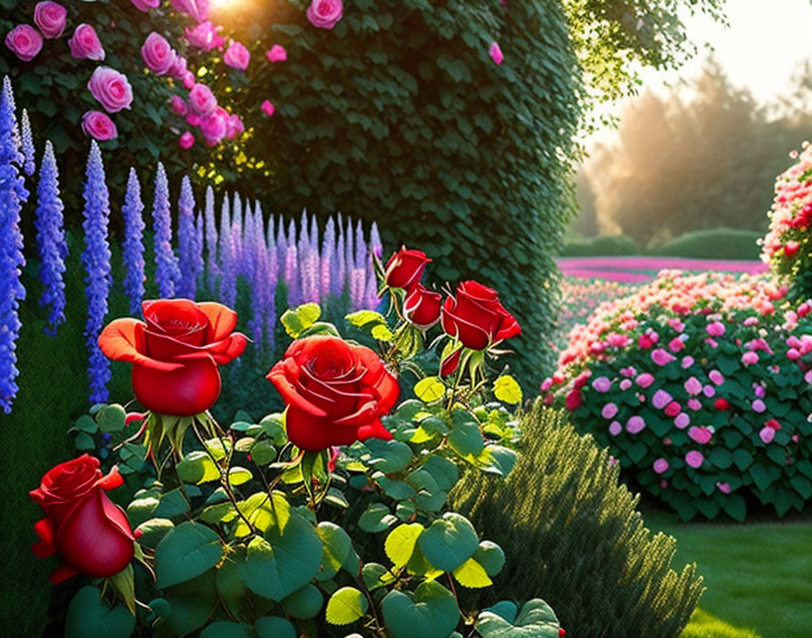 Colorful garden with red roses, purple flowers, and blossoms in warm sunlight