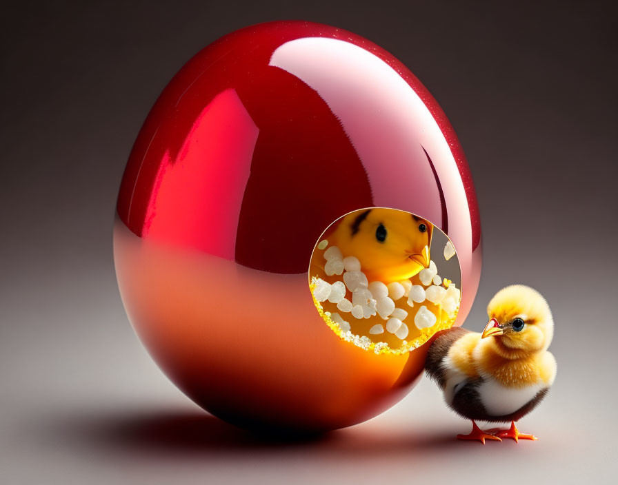 Two cute chicks in red Easter egg with cracked opening, one outside.