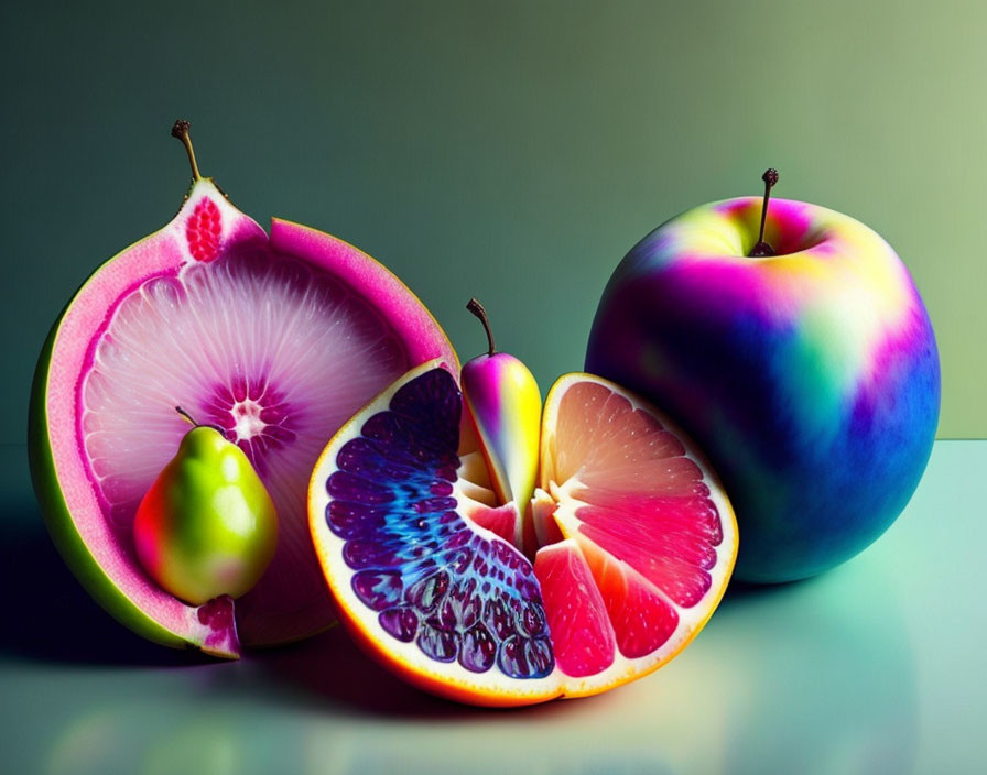 Vibrant still life with sliced dragon fruit, orange, and apple