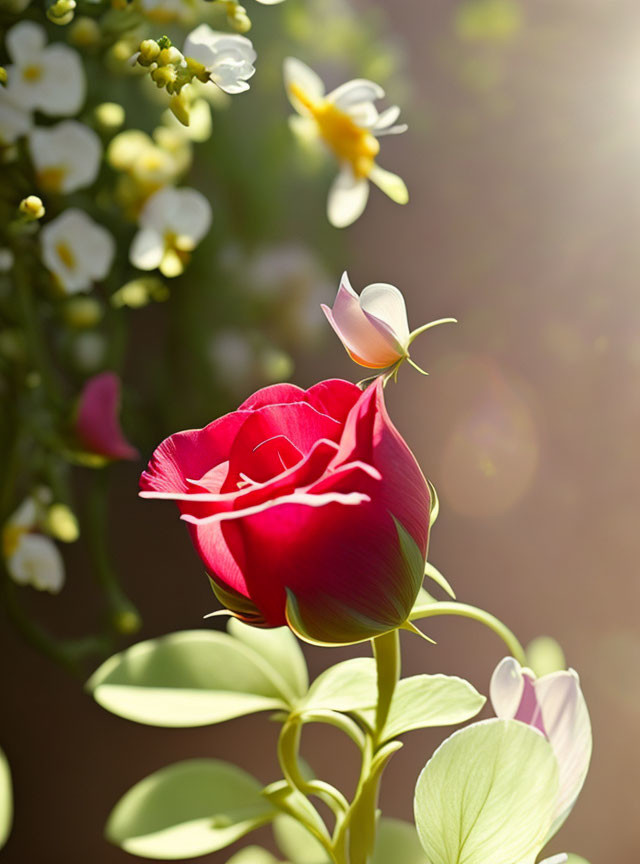 Vibrant red rose with white flowers and green stem in sunlight