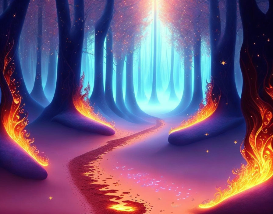 Mystical Forest with Glowing Blue Trees and Fiery Red Leaves