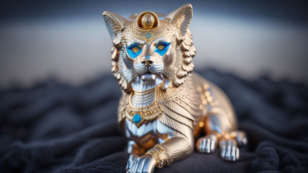 Golden cat figurine with blue eyes and Egyptian-style adornments on gray background