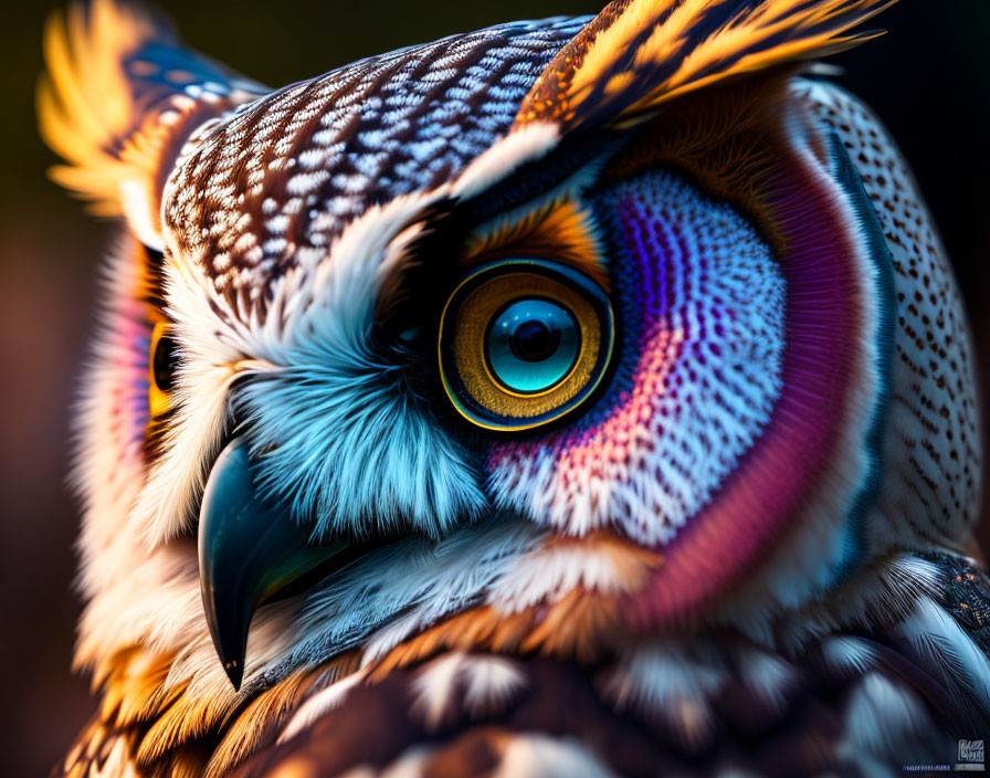 Colorful Stylized Owl with Patterned Feathers and Yellow Eye