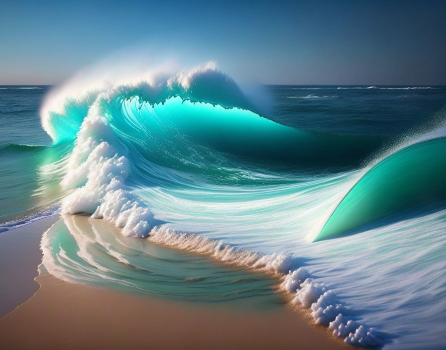 High-Resolution Image: Turquoise Wave Curling on Sandy Beach