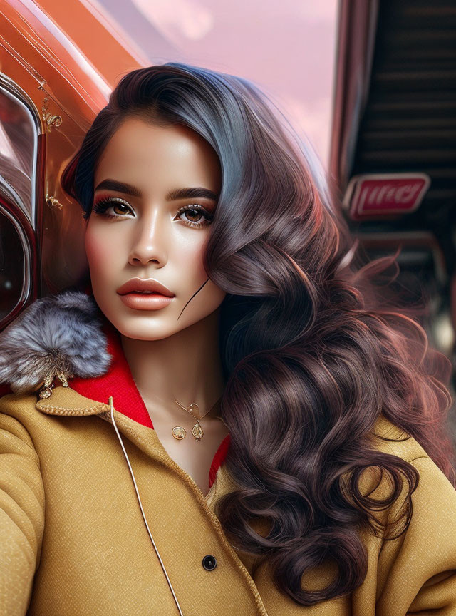 Digital illustration: Woman with curled hair, makeup, mustard coat, vintage car, and neon sign.