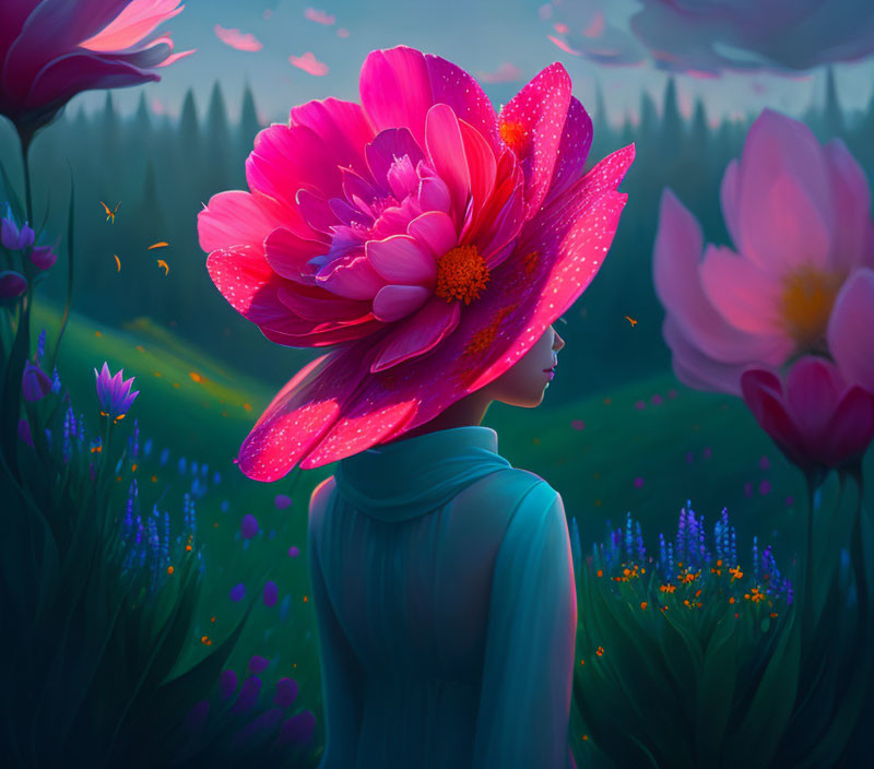 Woman with Pink Flower Hat in Mystical Flower Field at Dusk