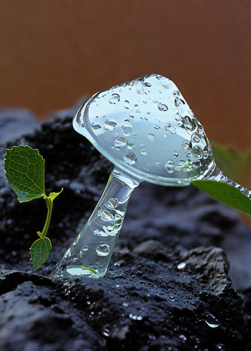 Transparent glass mushroom with water droplets on dark rock, green ivy leaf beside