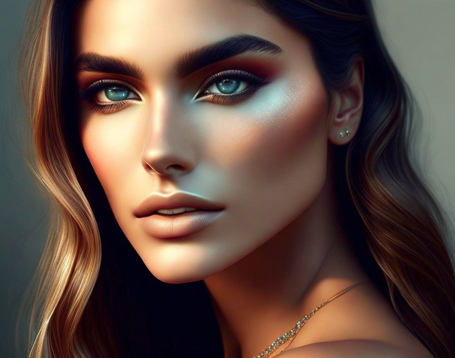 Detailed digital portrait of woman with blue eyes, contoured makeup, and ombré hair