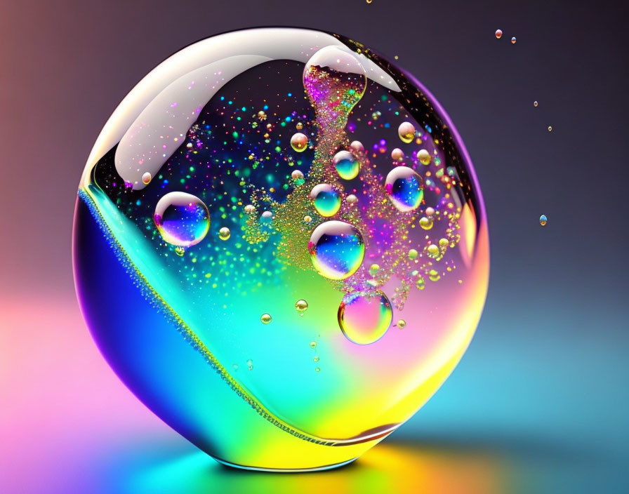 Colorful iridescent bubble with smaller bubbles and droplets on gradient backdrop