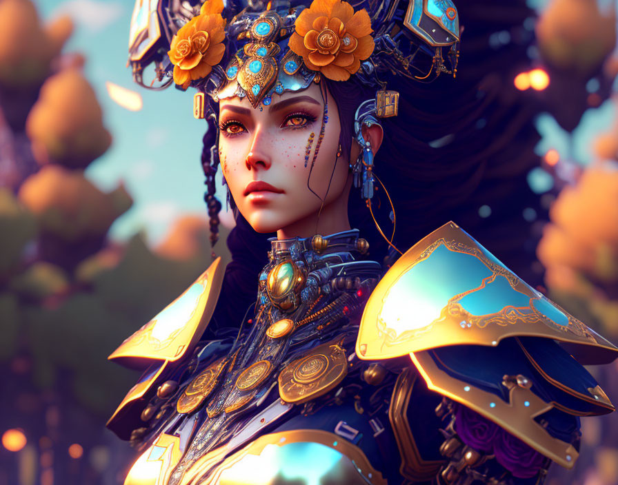 Fantasy digital artwork of a woman in elaborate armor and headdress