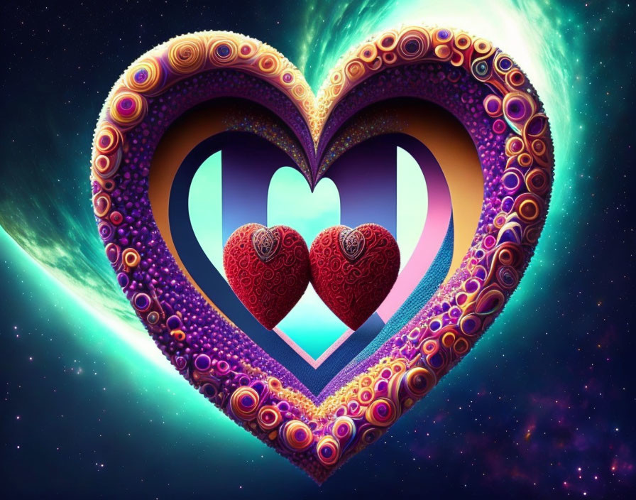 Colorful Cosmic Background with Heart-Shaped Portal and Layered Hearts