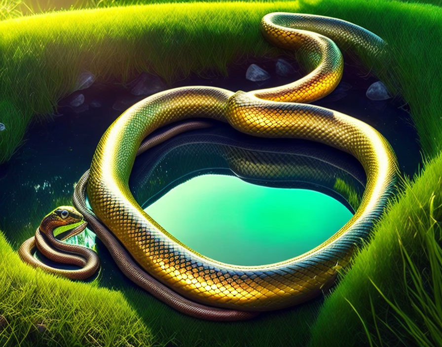 Digital Art: Large Snake Encircling Pond in Lush Green Setting