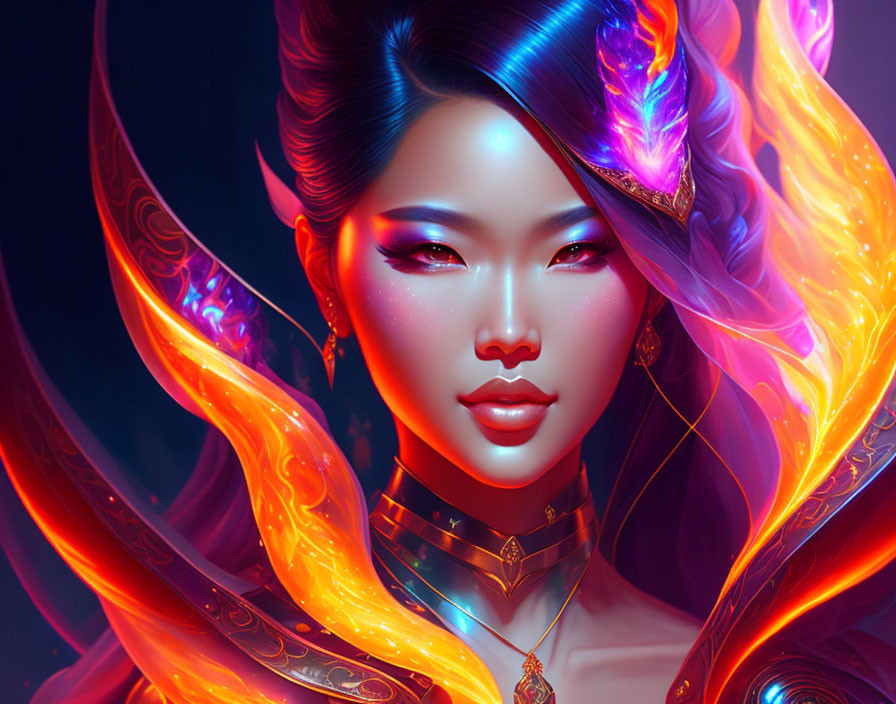 Vibrant digital artwork: woman with fiery hair & butterfly wings