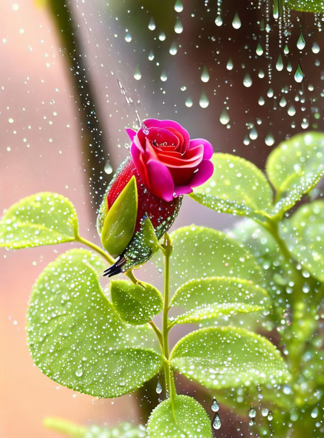 Pink Rose with Water Droplets on Petals and Leaves on Blurry Background