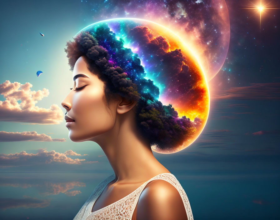 Profile of woman with cosmic-themed afro against twilight sky.