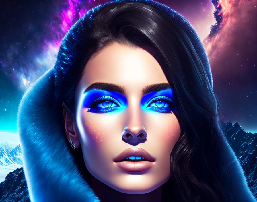 Digital artwork: Woman with blue eyes and makeup in cosmic scenery