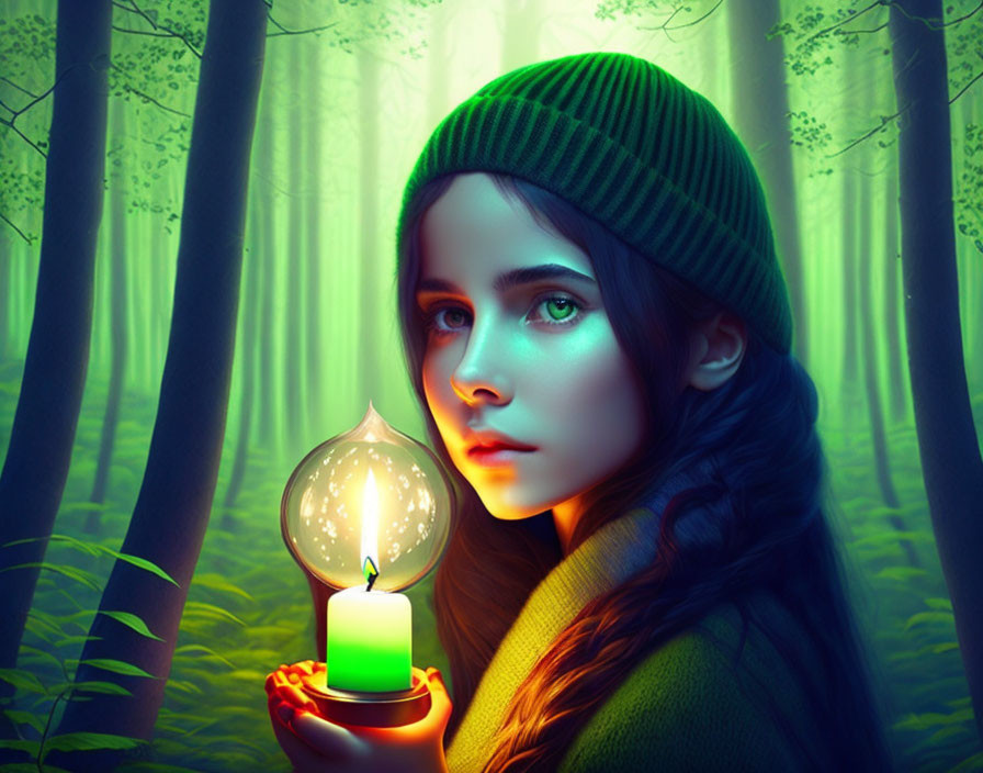 Girl in Green Beanie and Scarf with Glowing Lantern in Mystical Forest