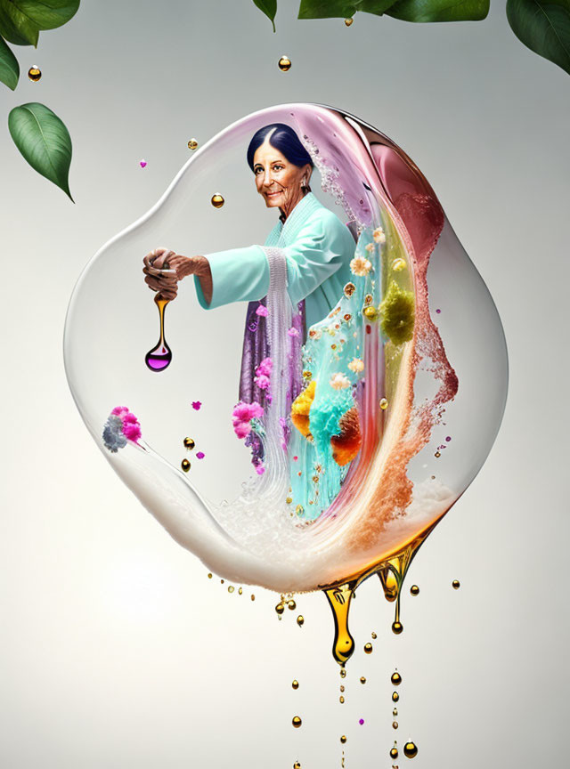 Elderly woman in sari in vibrant surreal bubble with liquid splashes