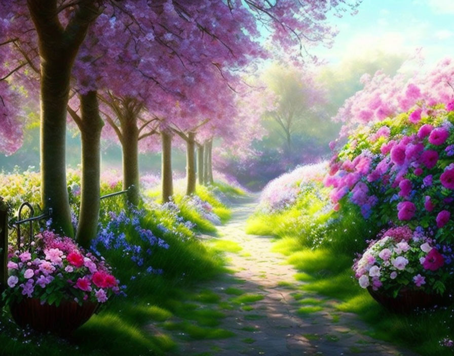 Tranquil Cherry Blossom Path with Vibrant Flowers