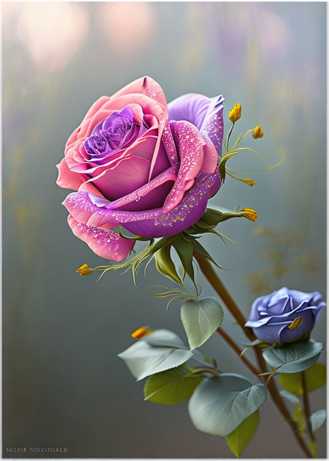 Multicolored rose with pink and purple hues and water droplets on blurred background.