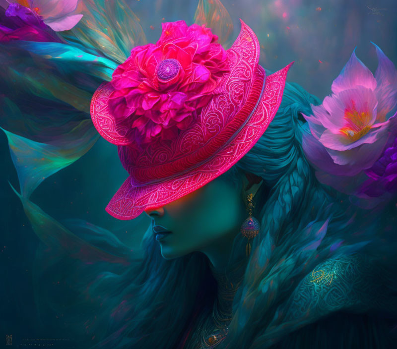 Ethereal portrait of female figure in vibrant pink hat surrounded by teal hair and petals