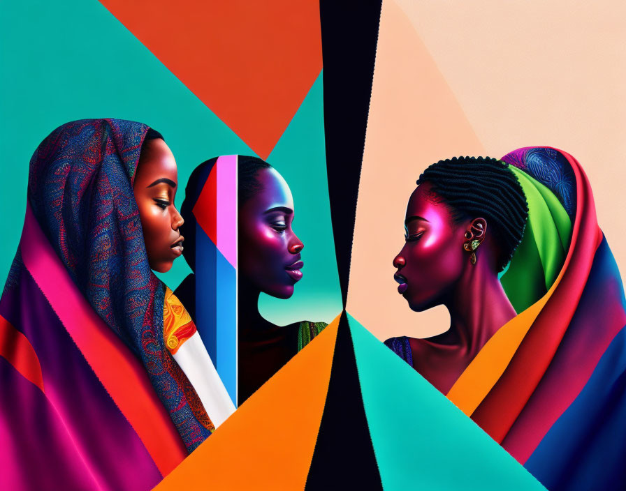 Colorful Geometric Shapes: Abstract Artwork of Two Women in Vibrant Headscarves