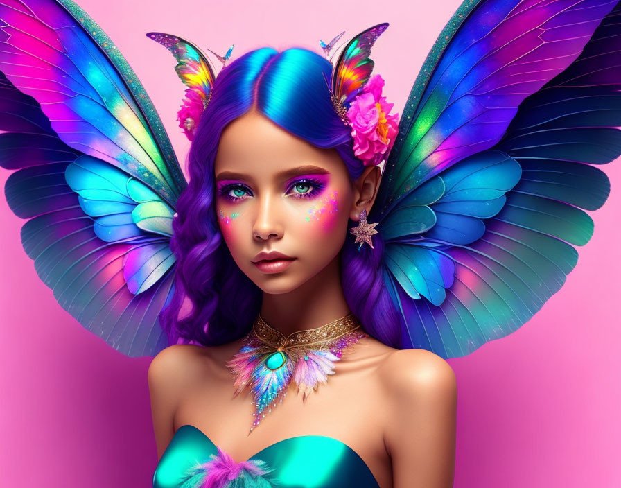 Colorful portrait of young woman with blue hair and butterfly wings on pink background.