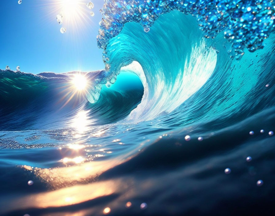 Translucent Blue Ocean Wave with Sunlight Reflections