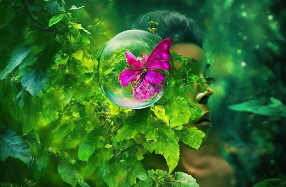 Person's Face Emerging from Lush Greenery with Purple Butterfly in Transparent Bubble and Leaves Background