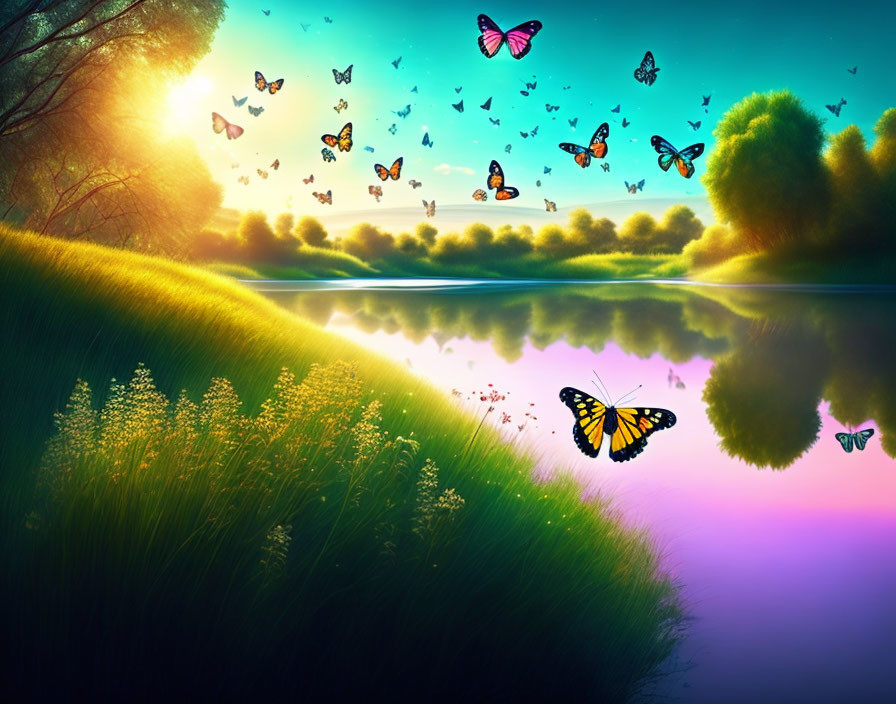 Tranquil lake landscape with vibrant sky and fluttering butterflies