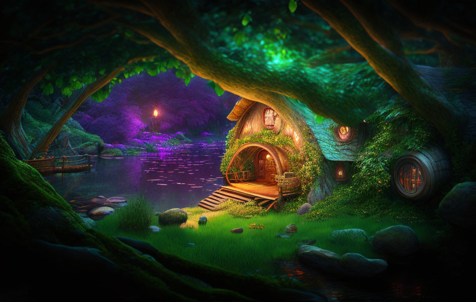 Tranquil forest lake scene with illuminated treehouse