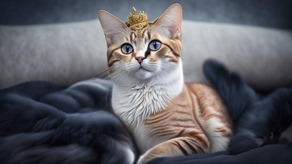 Regal cat with golden crown on plush grey blanket, striking blue eyes.